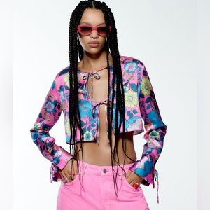ZARA FUCHSIA SATIN EFFECT PRINTED CROP TOP FLORAL FLOWERS